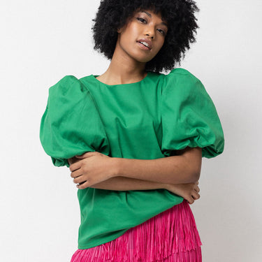 Puff Sleeve Blouse | Round Neck Green