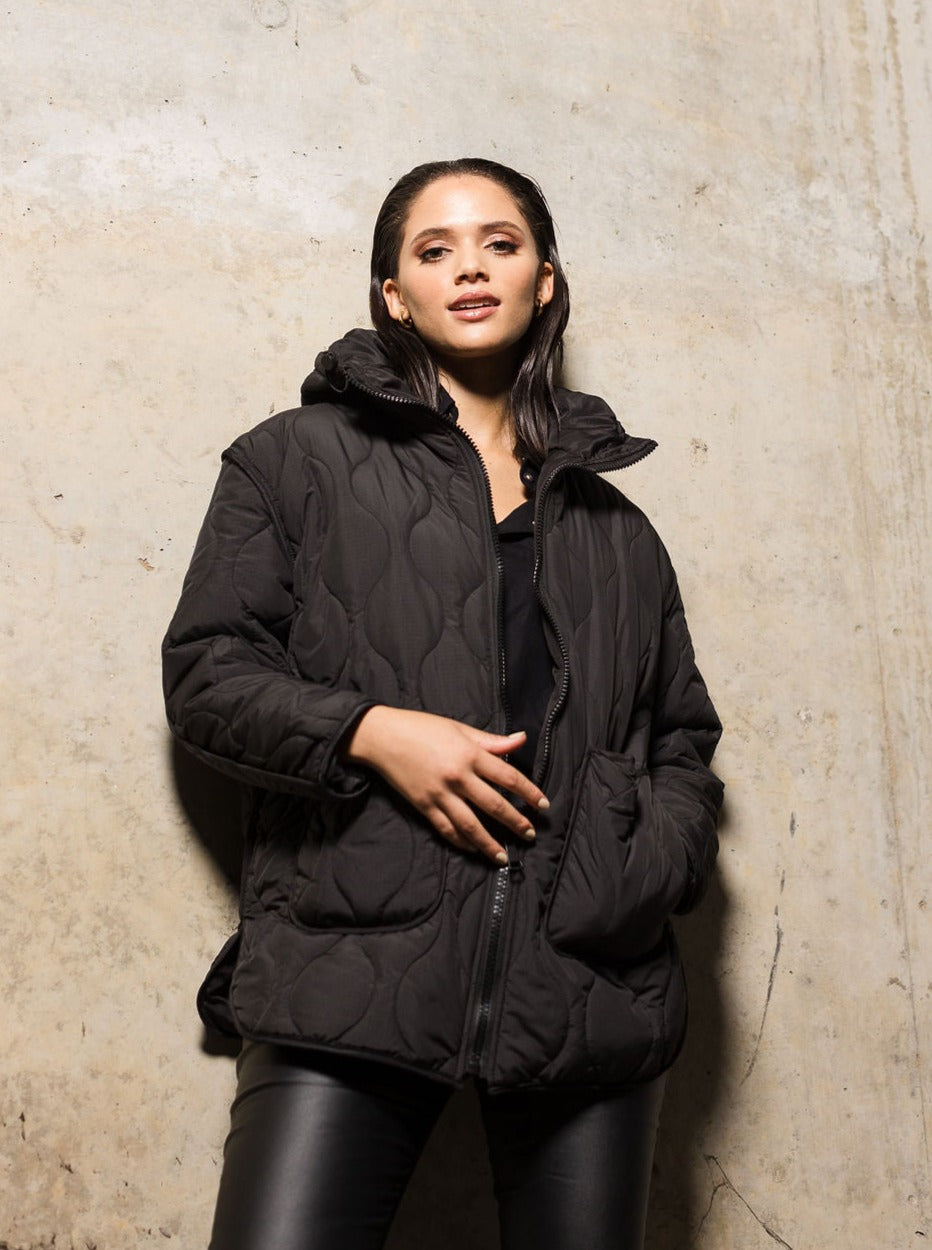 Quilted Hooded Puffer Coat | Black