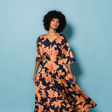 Bloom Swing Dress | Indigo/Apricot
