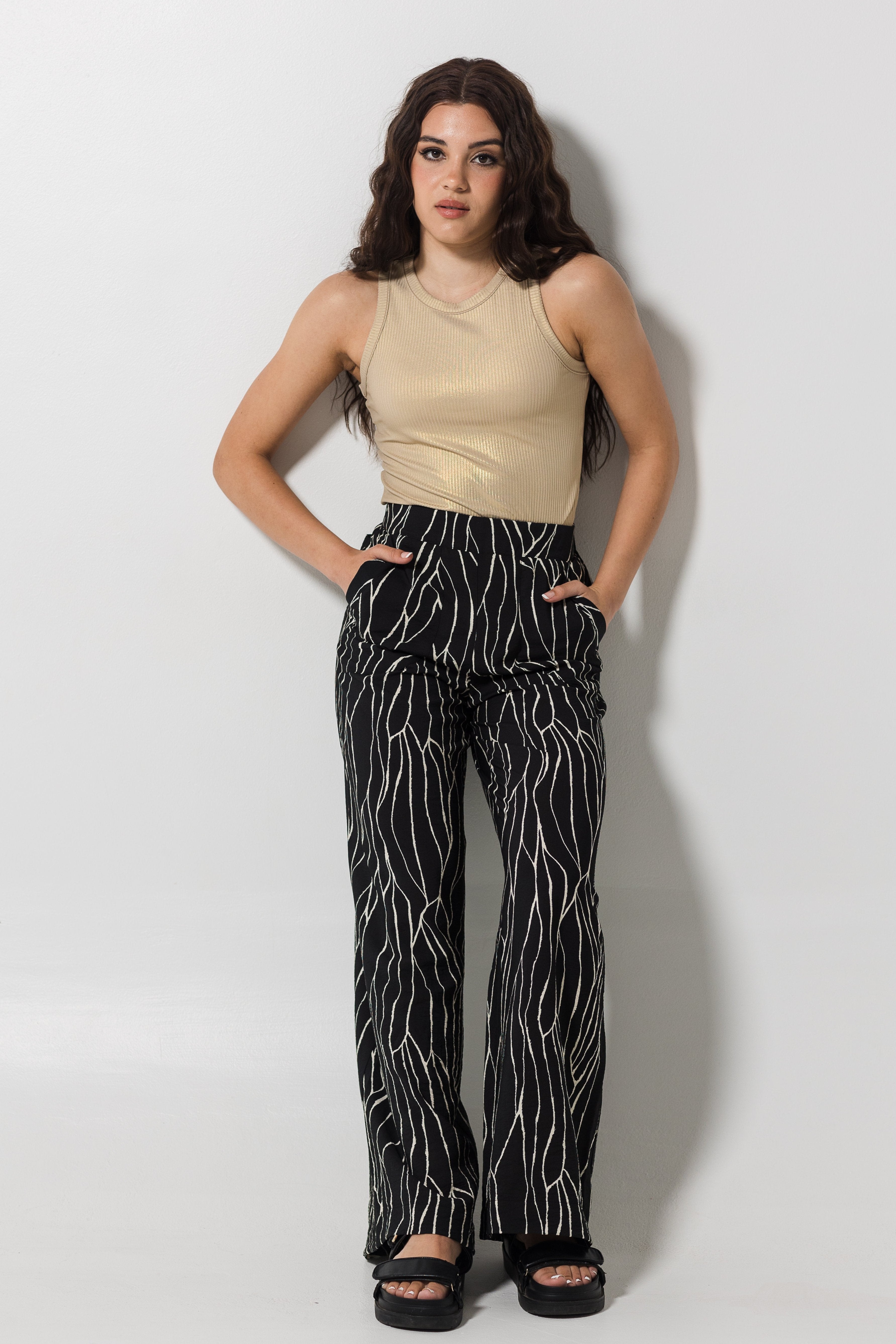 Wide Leg Pants | Black & Cream Print