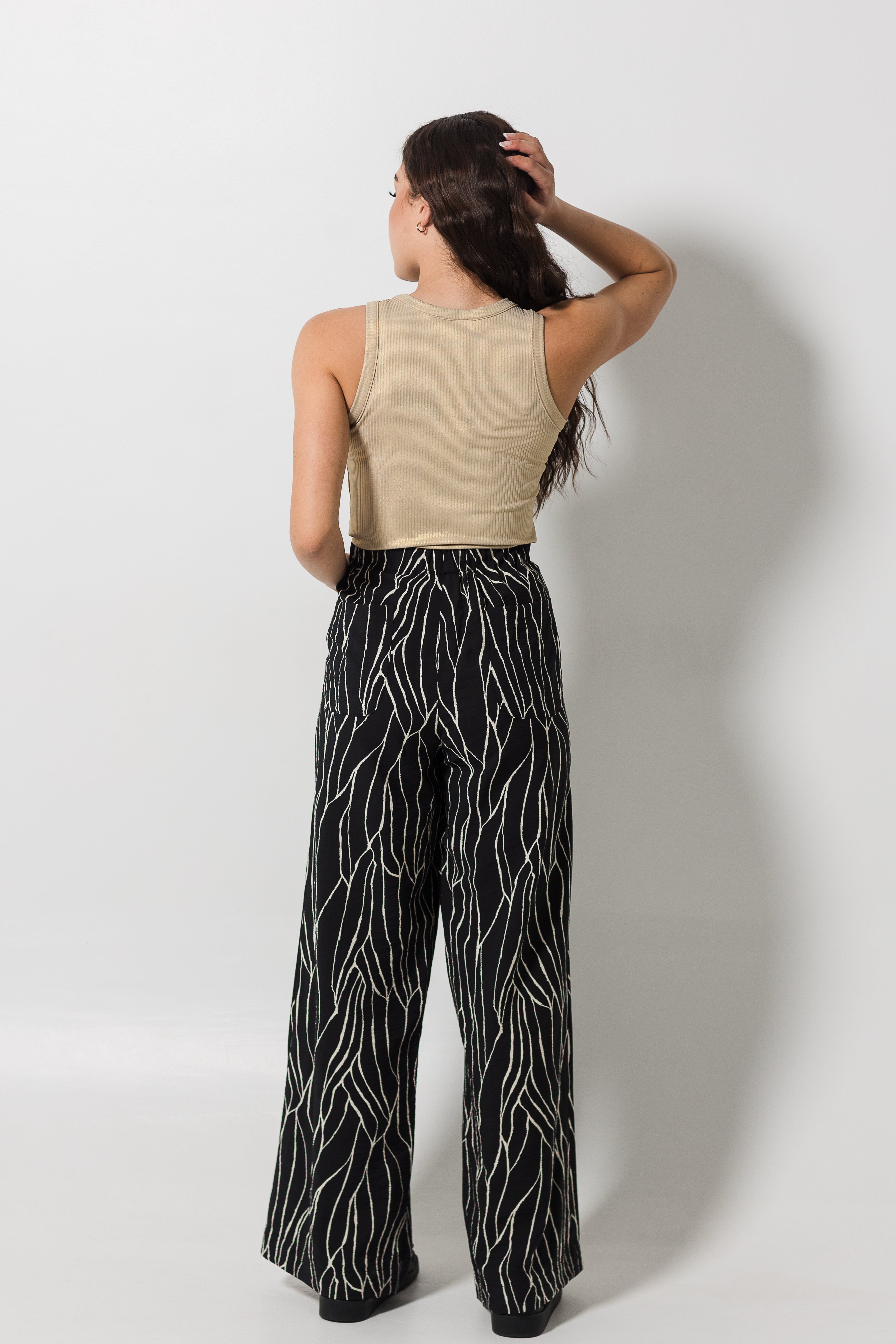 Wide Leg Pants | Black & Cream Print