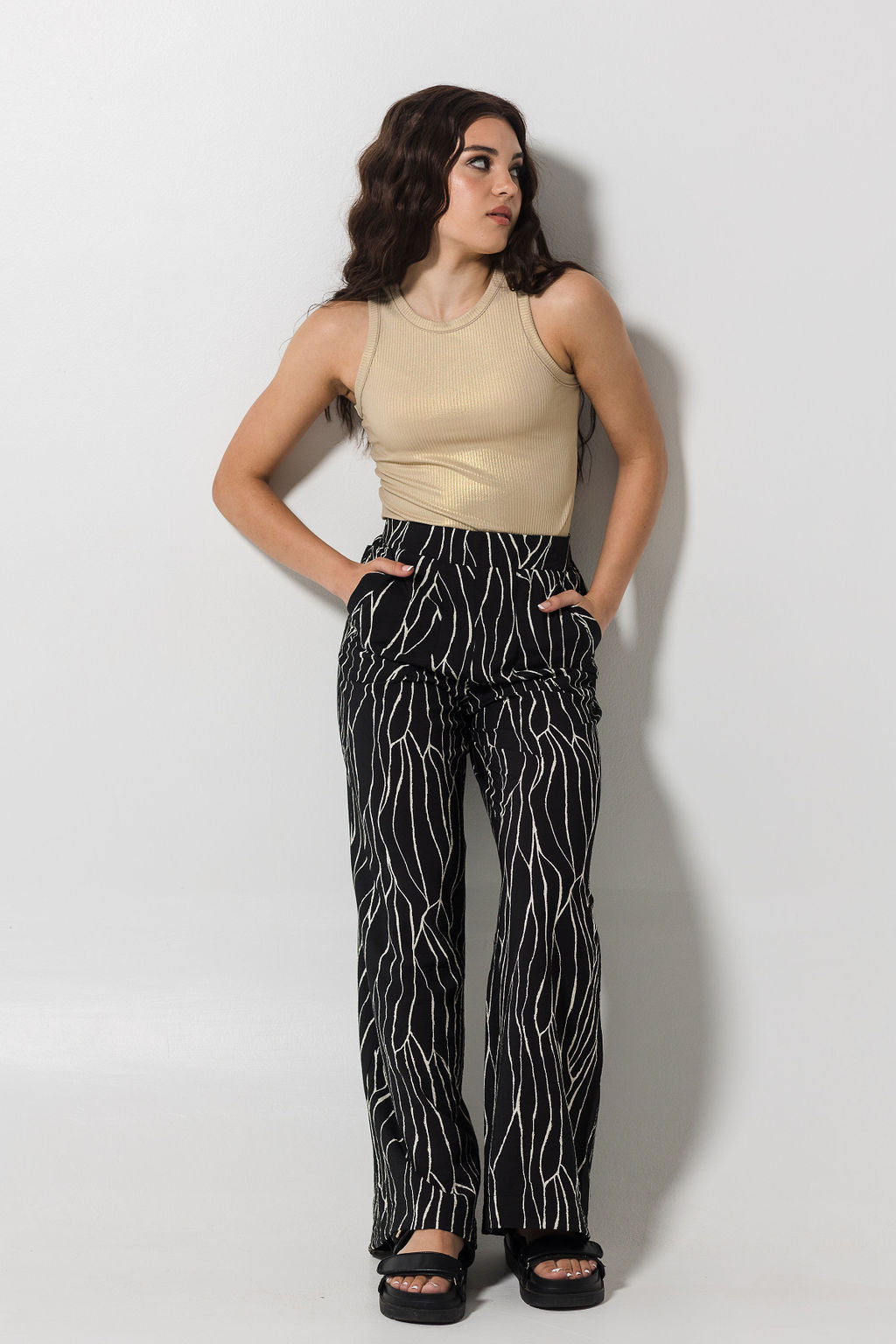 Wide Leg Pants | Black & Cream Print