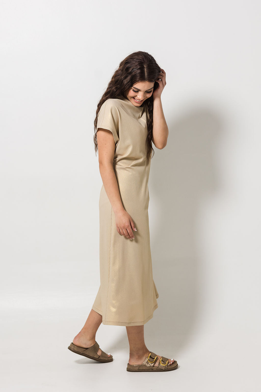 High Neck Dress | Gold Ribbing