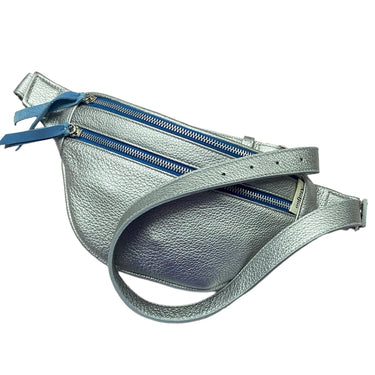 Michél Leather Moon Bag | Silver with Blue Zips
